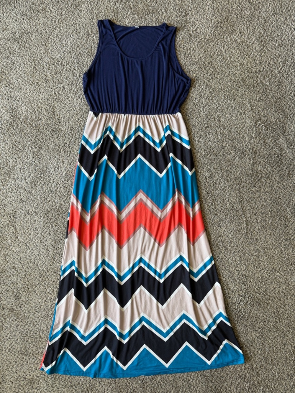 Navy Tank Chevron Maxi Dress with Coral & Teal Zigzag Design Sz ZL